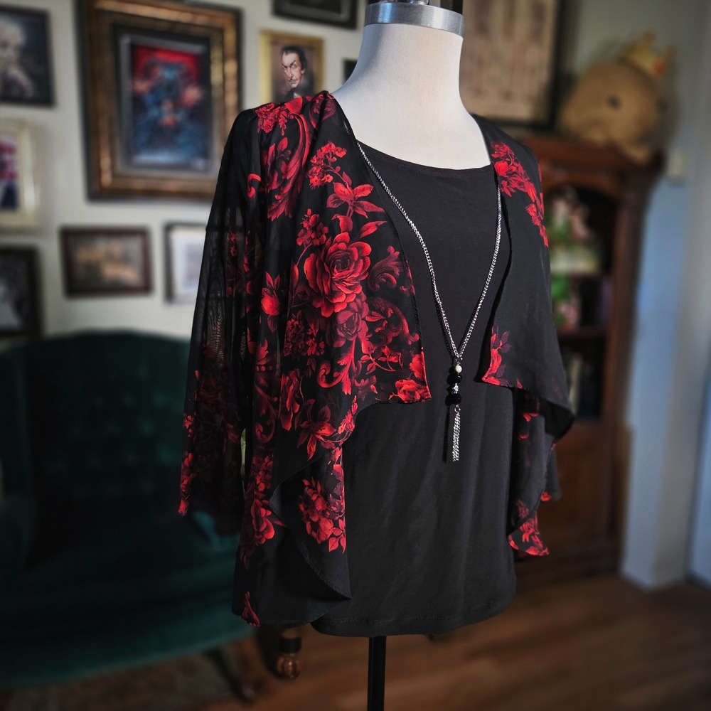 Rebecca Malone Black Red Floral Rose Layered Top Blouse Blazer Necklace